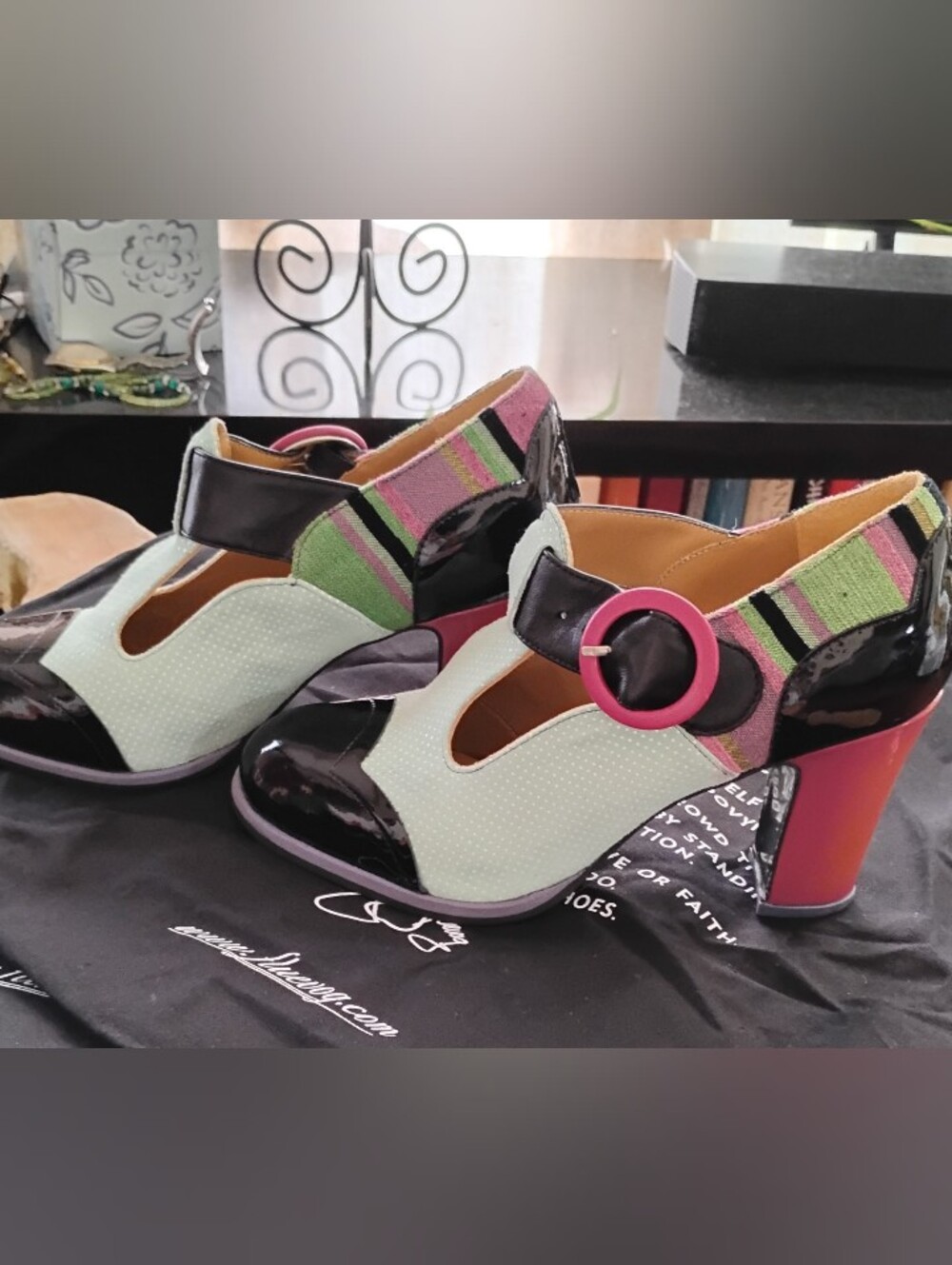 John Fluevog "Iliana-Attic" Women’s Multicolor Suede Pumps - Pink & Green Accent